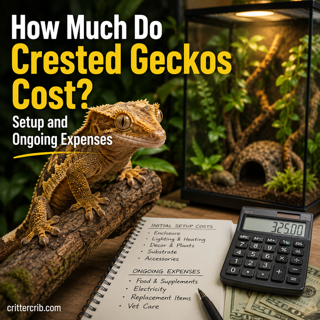 Crested gecko with terrarium and supplies illustrating setup and ongoing ownership costs