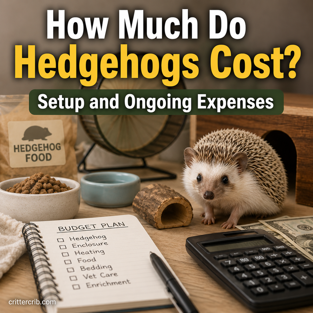 Pet hedgehog with food, exercise wheel, habitat supplies, and a budget calculator