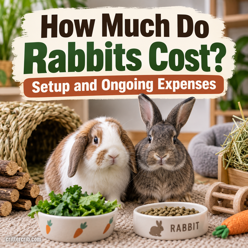 Rabbit with hay, food, toys, and supplies representing the setup and ongoing costs of rabbit ownership.