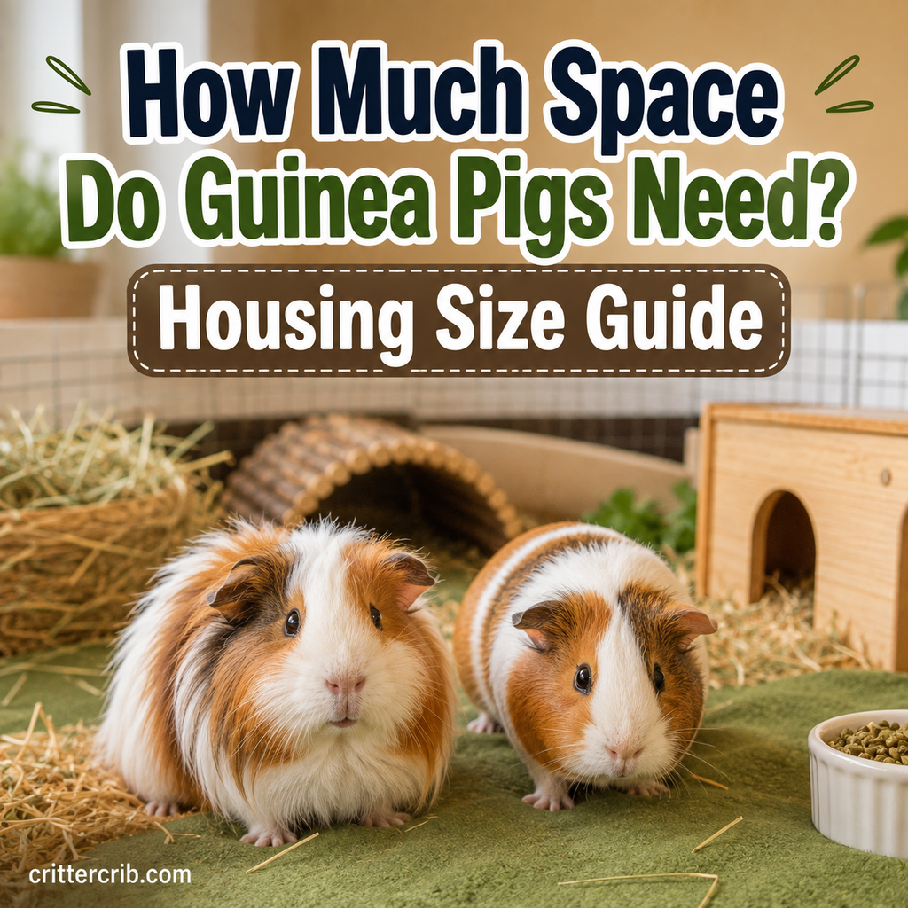 Two guinea pigs in a spacious enclosure with hay, hideouts, and room to move
