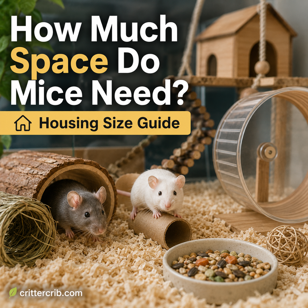 Two pet mice in a spacious habitat with deep bedding, a wheel, tunnels, climbing structures, hides, and food.