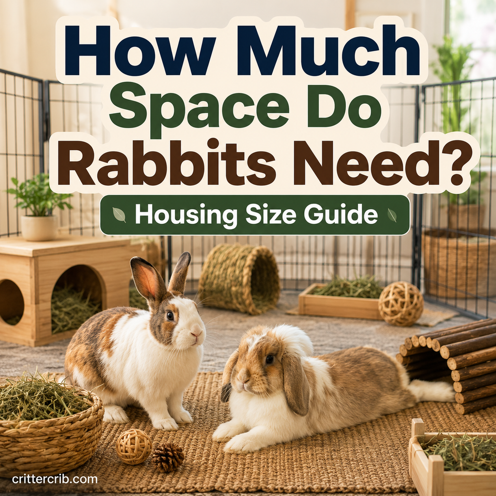 Two rabbits in a spacious indoor enclosure with room for exercise, hiding, hay, and enrichment.