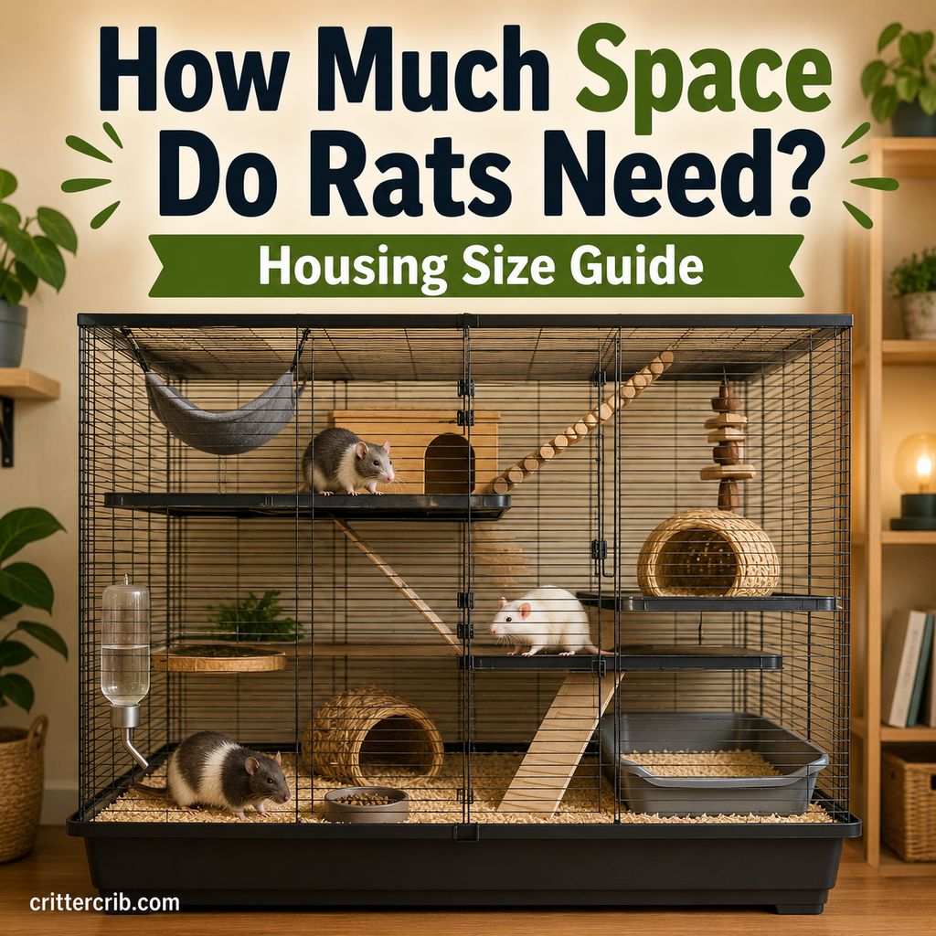 Three pet rats in a spacious multi-level cage with platforms, hammocks, tunnels, bedding, food, and water
