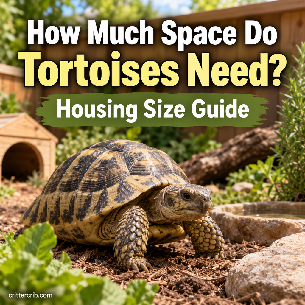 Tortoise walking through a spacious naturalistic outdoor enclosure with plants, shelter, substrate, and water.