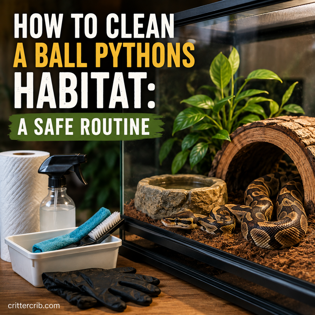 Ball python habitat with cleaning supplies for a safe enclosure cleaning routine