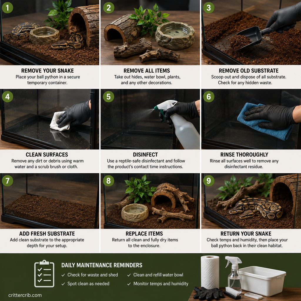 Steps for safely cleaning a ball python enclosure, from removing the snake to adding fresh substrate