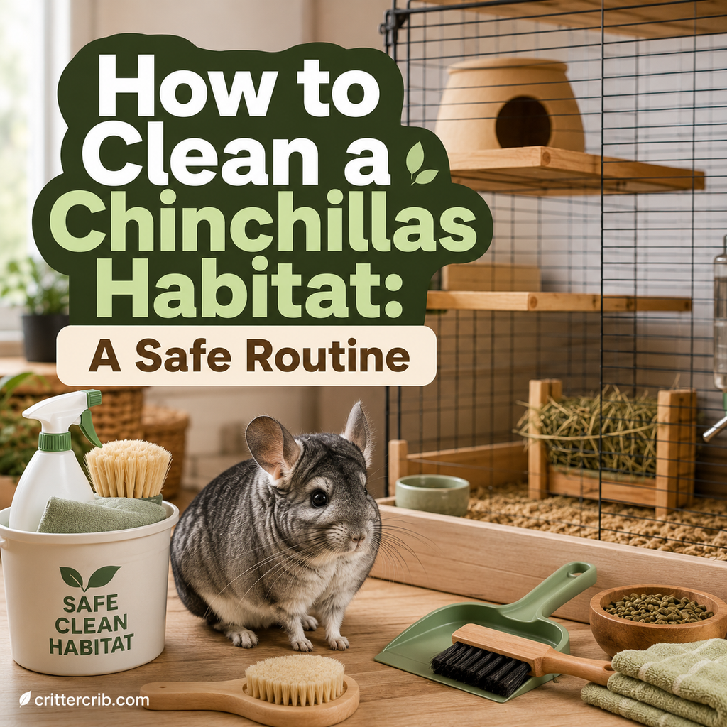 Chinchilla beside cleaning supplies in a clean habitat with wooden shelves, hay, bedding, and a water bottle.