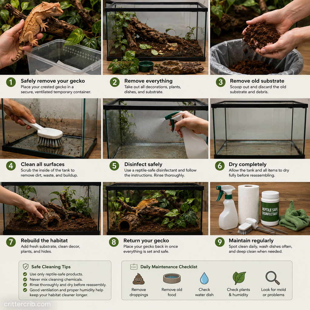 Step-by-step process for safely cleaning a crested gecko enclosure, from removing the gecko to rebuilding the habitat