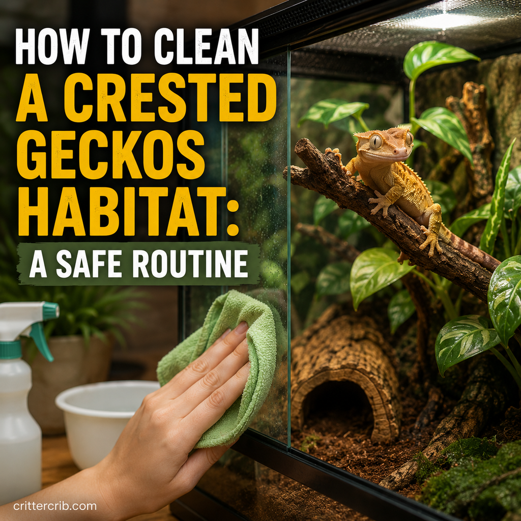 Cleaning a crested gecko habitat safely with the gecko resting on a branch inside its terrarium