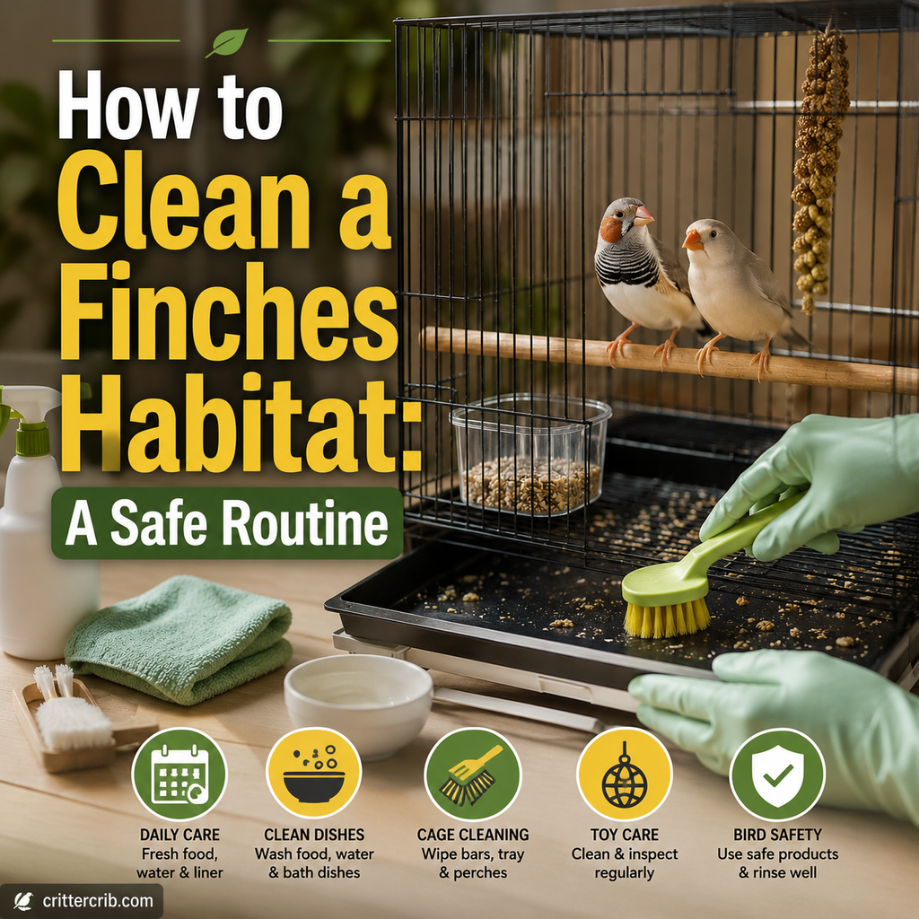 Cleaning a finch cage tray while two finches perch inside their habitat