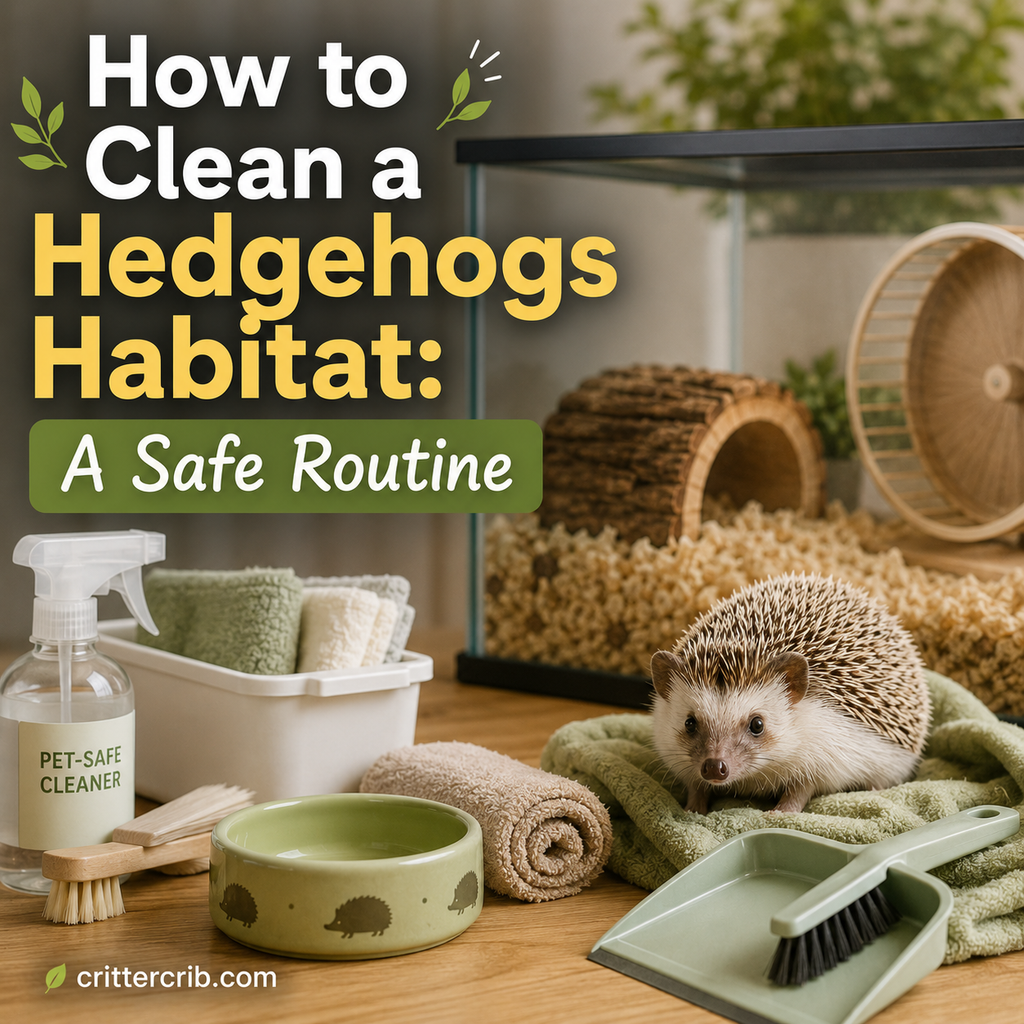 Hedgehog beside a clean habitat with fresh bedding, exercise wheel, pet-safe cleaner, towels, brush, and cleaning supplies.