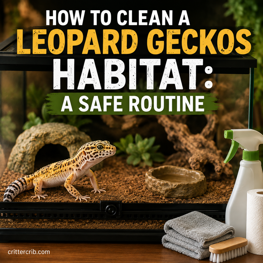 Leopard gecko in its habitat with reptile enclosure cleaning supplies