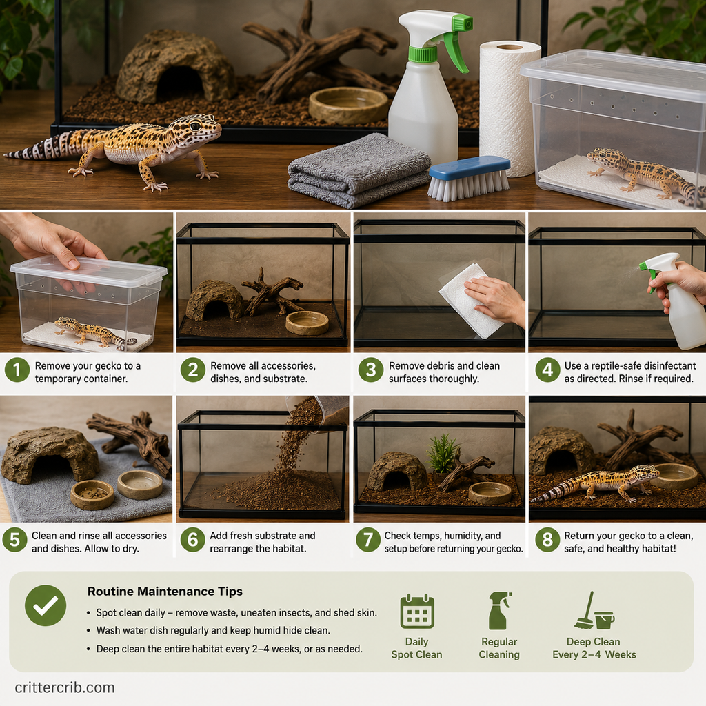 Step-by-step routine for safely cleaning a leopard gecko habitat