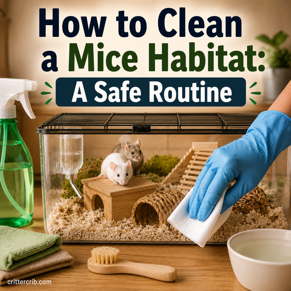 Pet mice in a habitat with safe cage cleaning supplies and fresh bedding