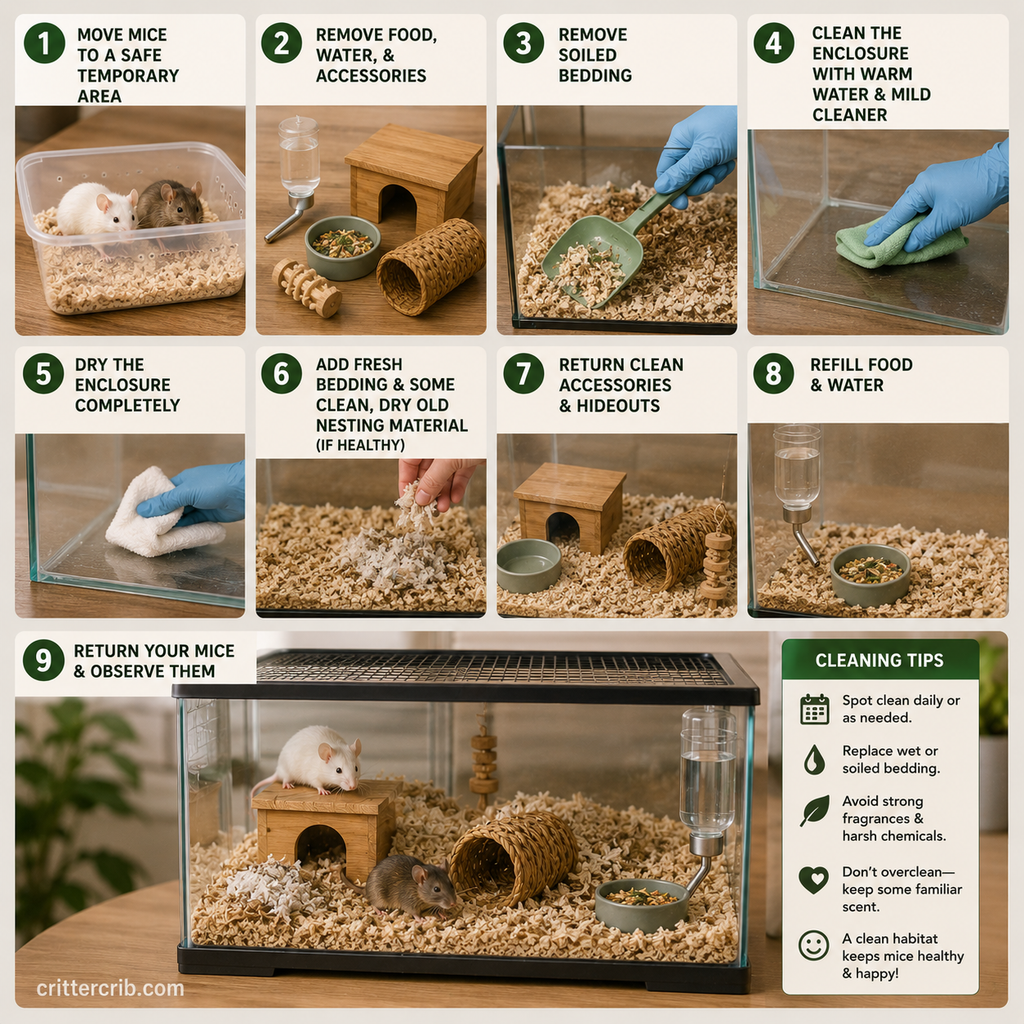 Step-by-step mouse habitat cleaning routine showing bedding removal, cage cleaning, fresh bedding, accessories, food, and water