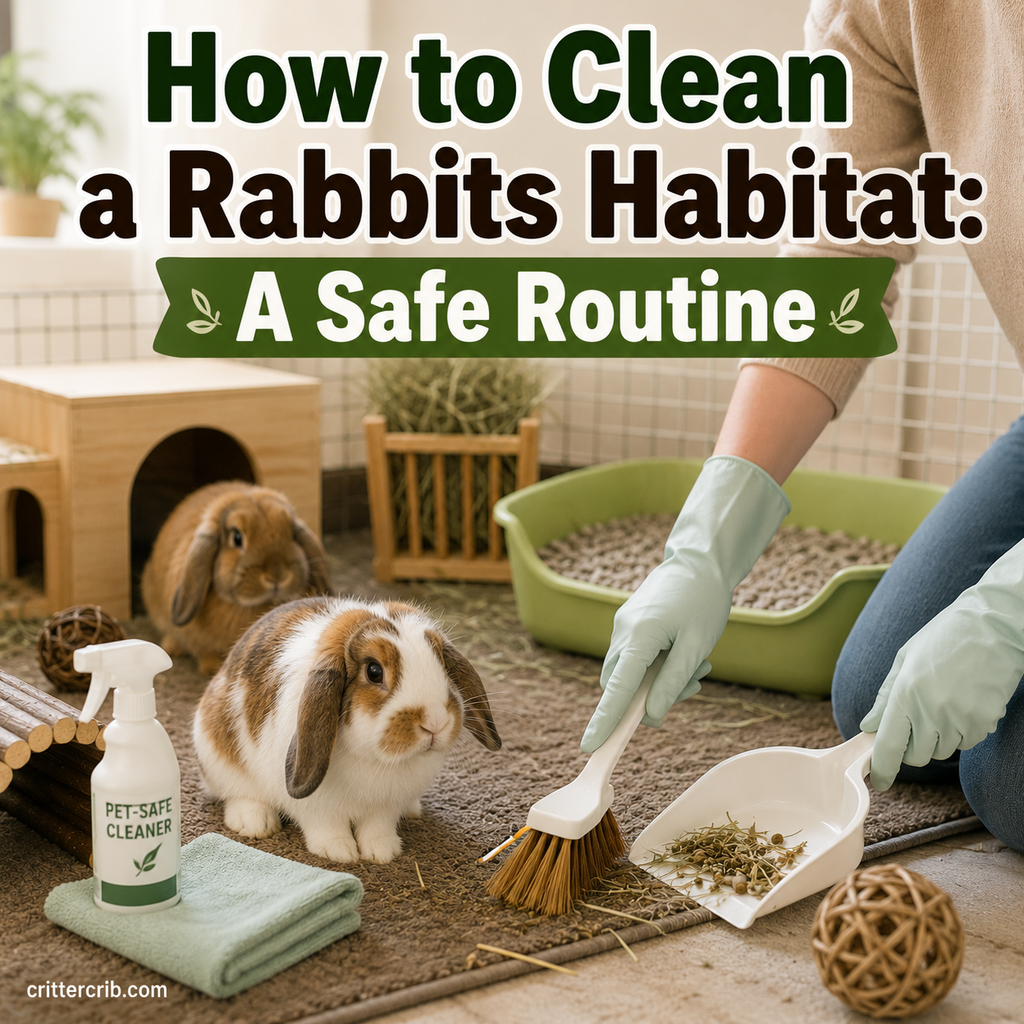 Rabbit habitat being cleaned with a brush, dustpan, and pet-safe cleaning supplies