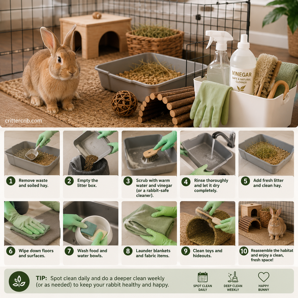 Step-by-step rabbit habitat cleaning routine showing litter box cleaning, fresh litter, washing bowls, and cleaning toys