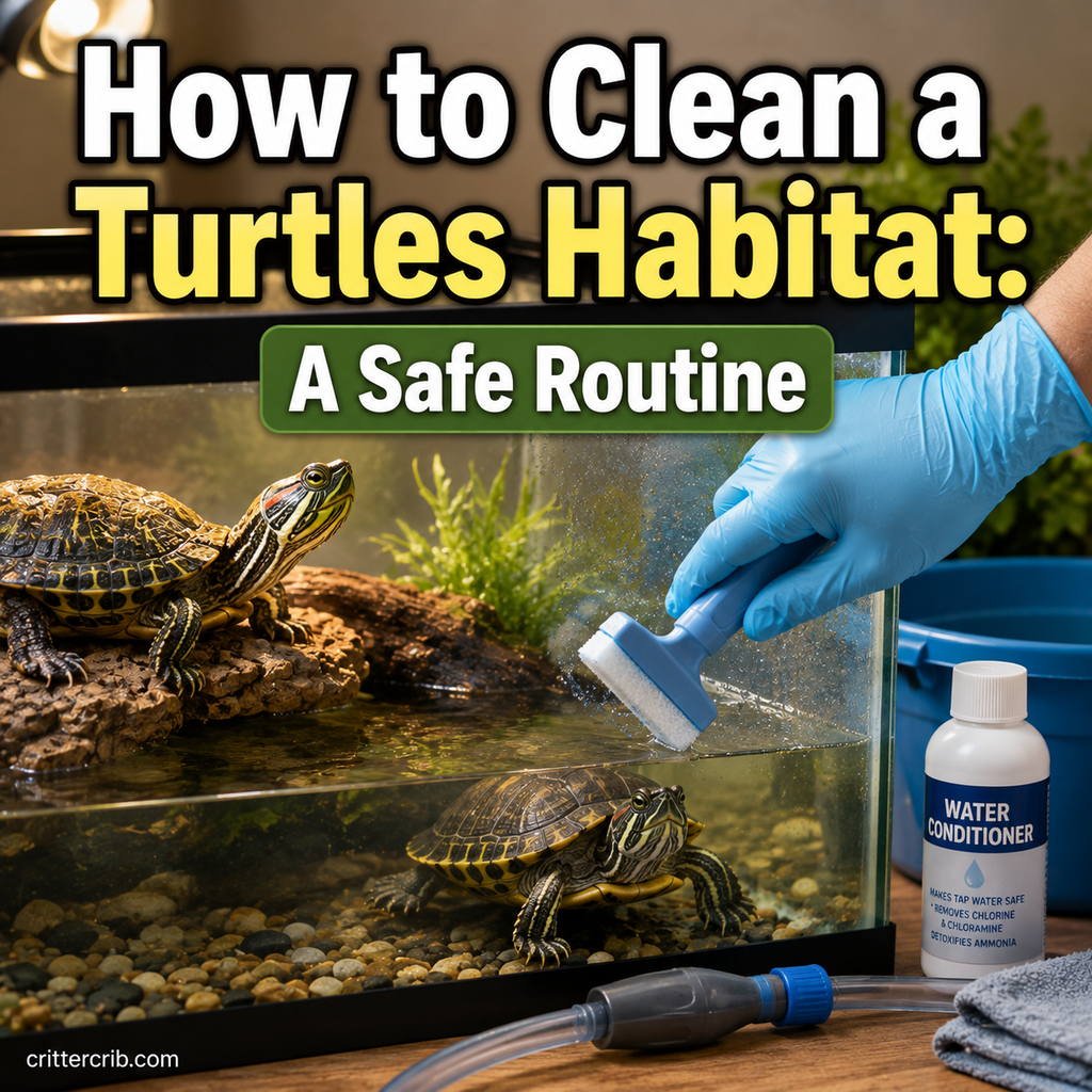 Cleaning an aquatic turtle habitat with an aquarium-safe brush, water conditioner, siphon, and dedicated cleaning supplies.