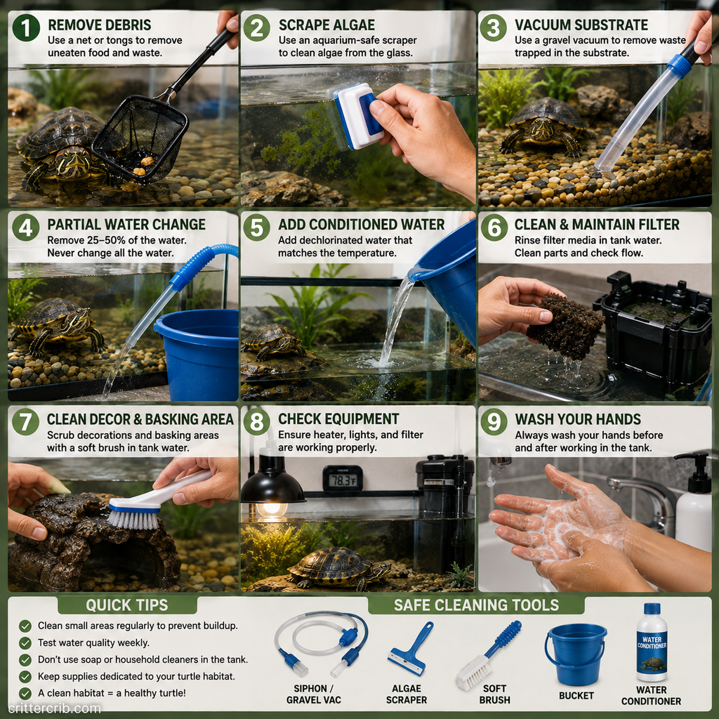 Step-by-step turtle habitat cleaning routine showing debris removal, algae cleaning, substrate vacuuming, water changes, and filter maintenance.