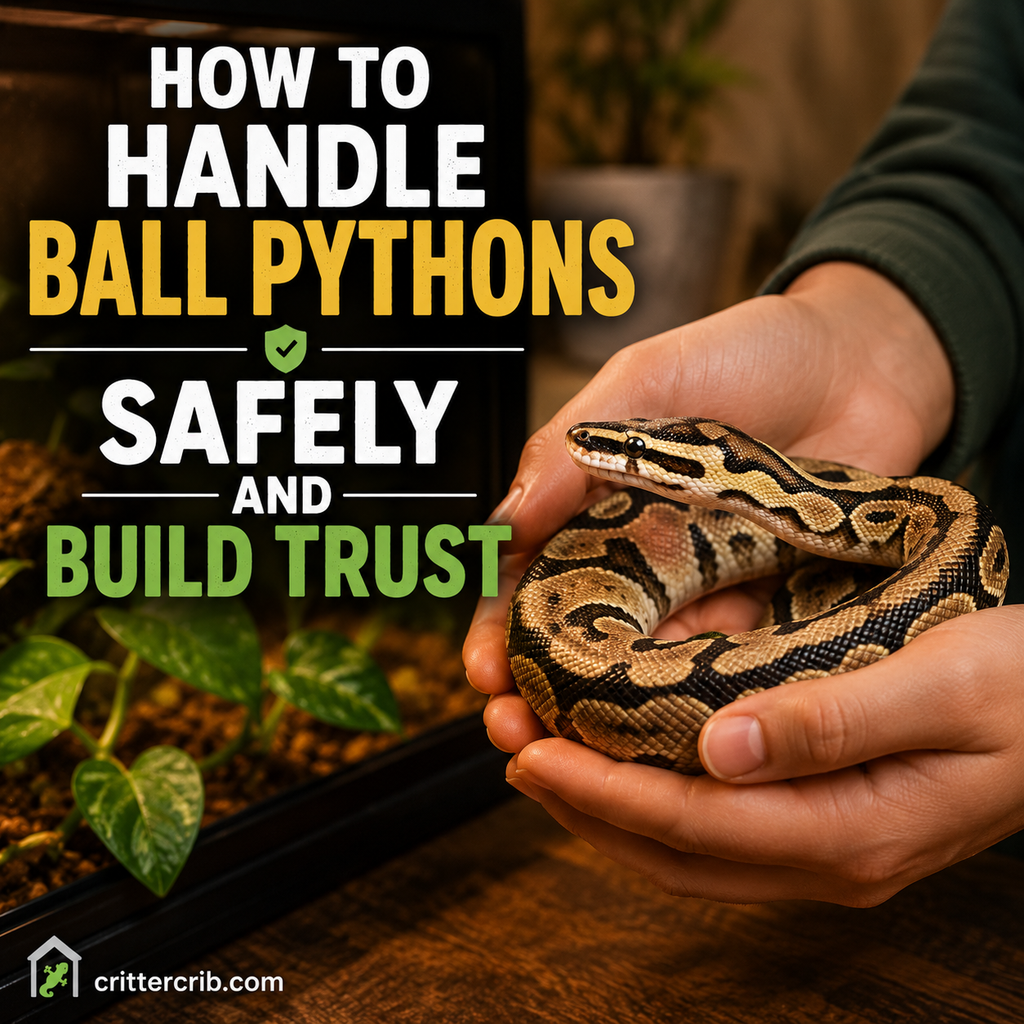 Person safely handling a ball python with both hands while building trust