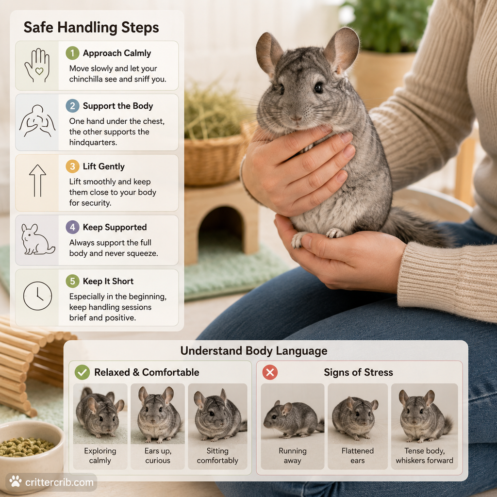 Chinchilla being gently supported with both hands during safe handling