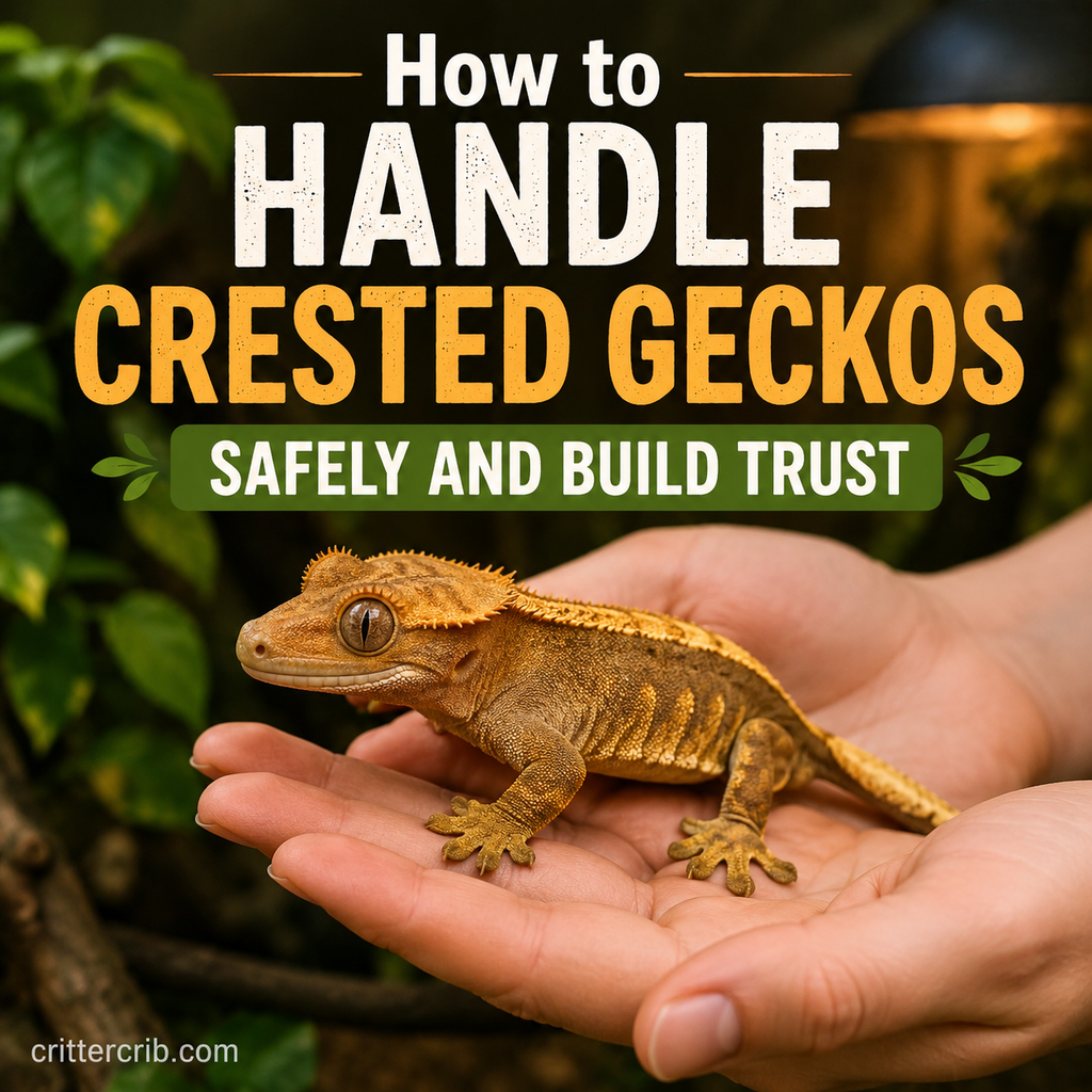 Crested gecko being safely handled in a person's hands