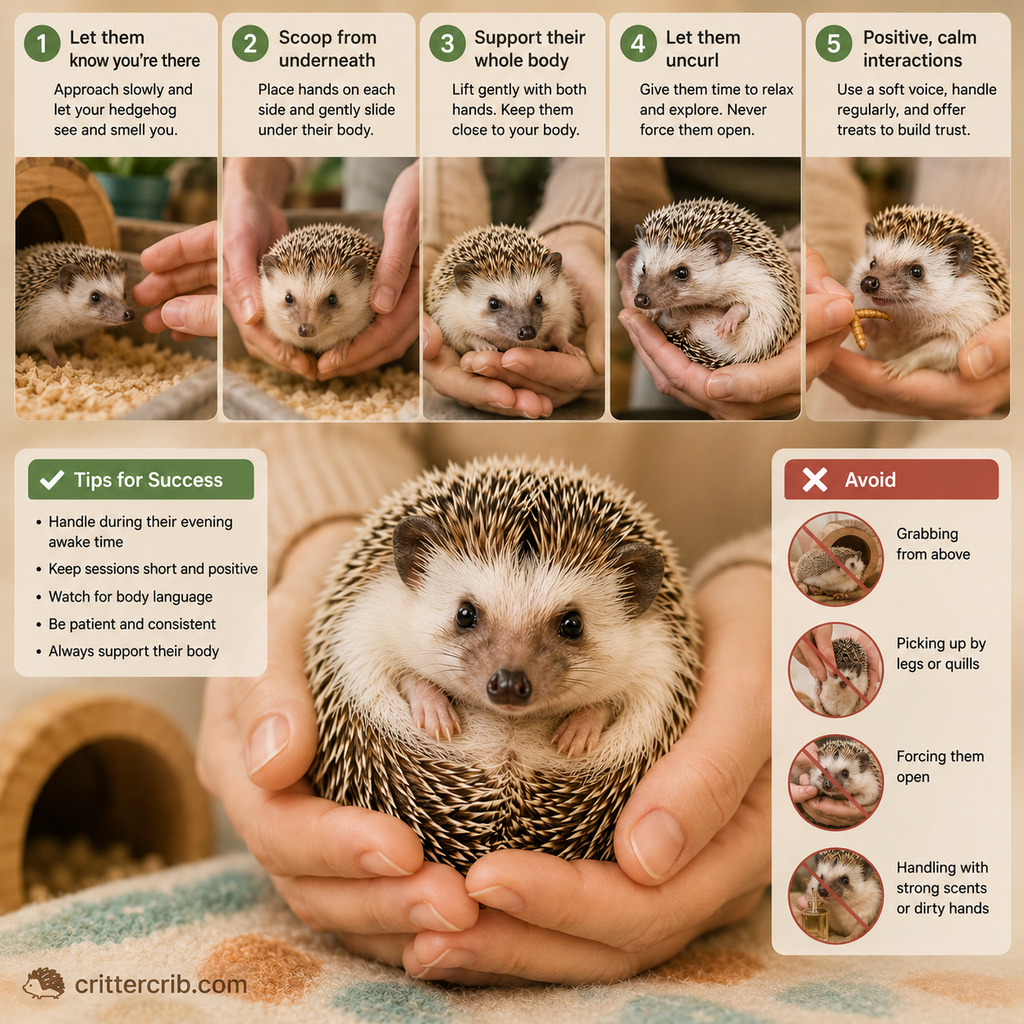 Step-by-step guide showing how to safely pick up and handle a hedgehog while building trust