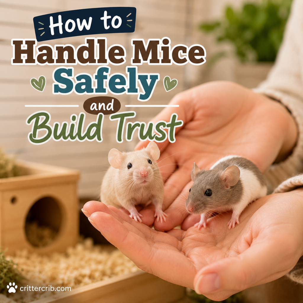 Two pet mice sitting calmly in a person's hands during gentle handling