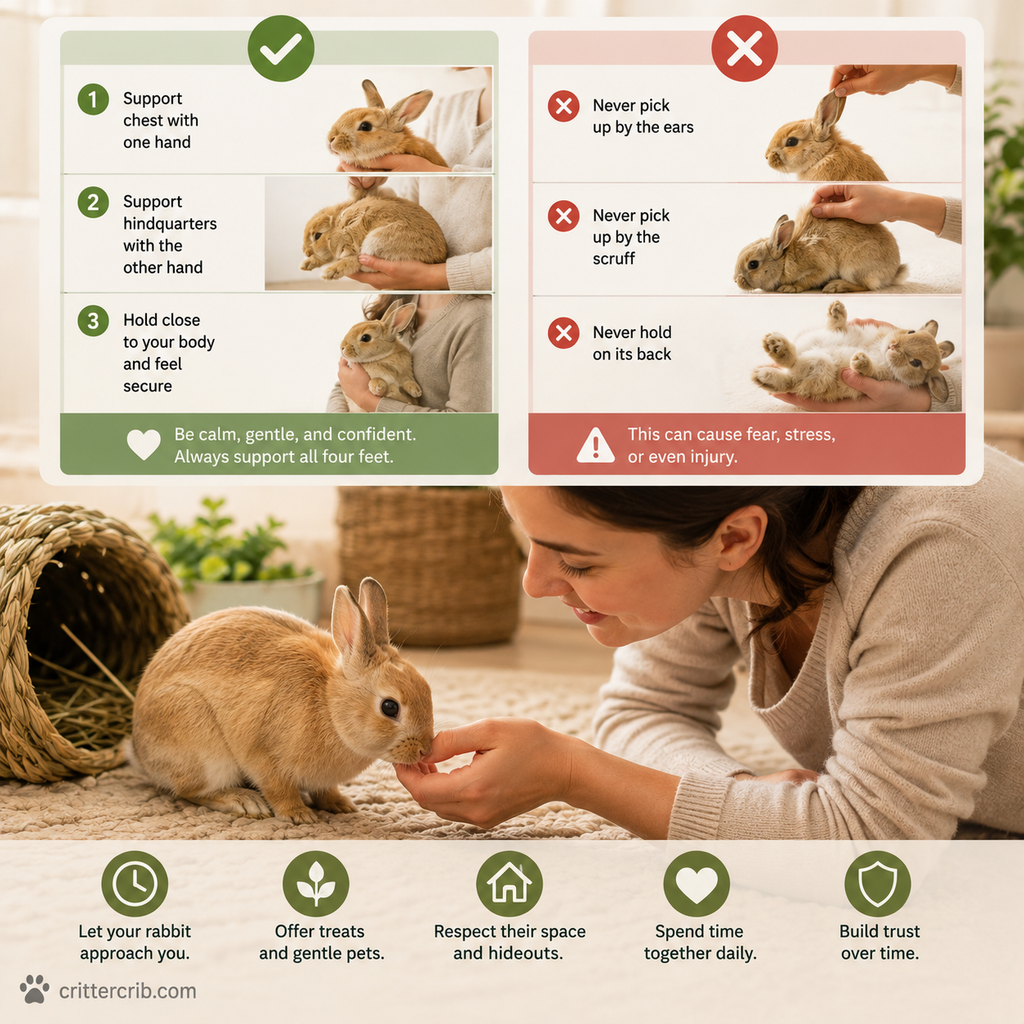 Steps for safely handling a rabbit by supporting its chest and hindquarters while building trust