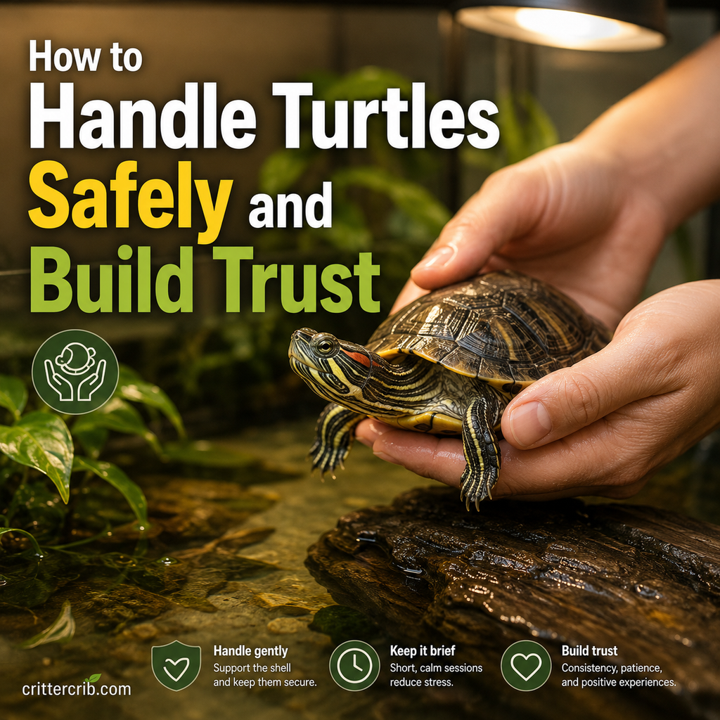 Pet turtle being gently supported with both hands during safe handling