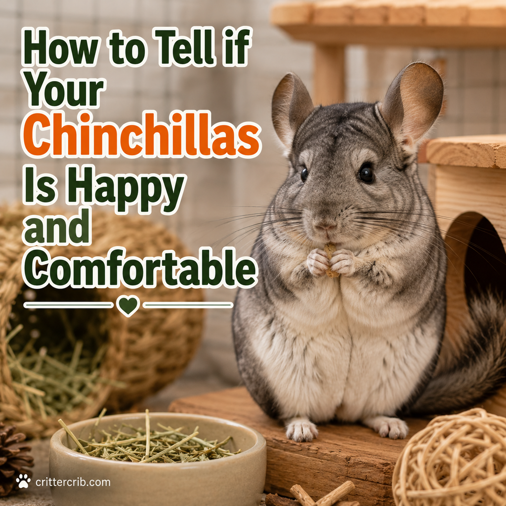 Happy chinchilla sitting comfortably in an enriched enclosure with hay and chew toys