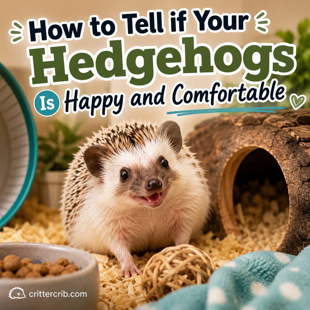 Happy pet hedgehog in a comfortable habitat with an exercise wheel, hideout, food, and enrichment