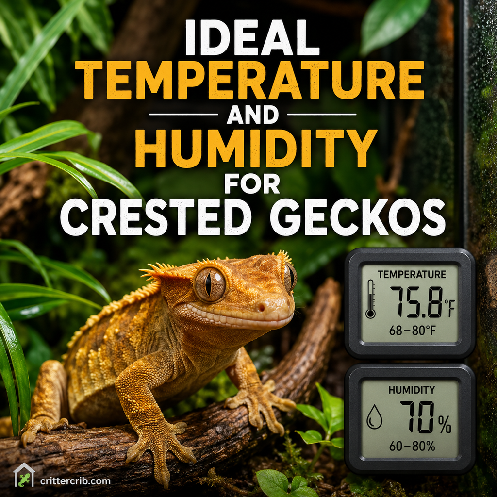 Crested gecko in a terrarium showing ideal temperature and humidity levels