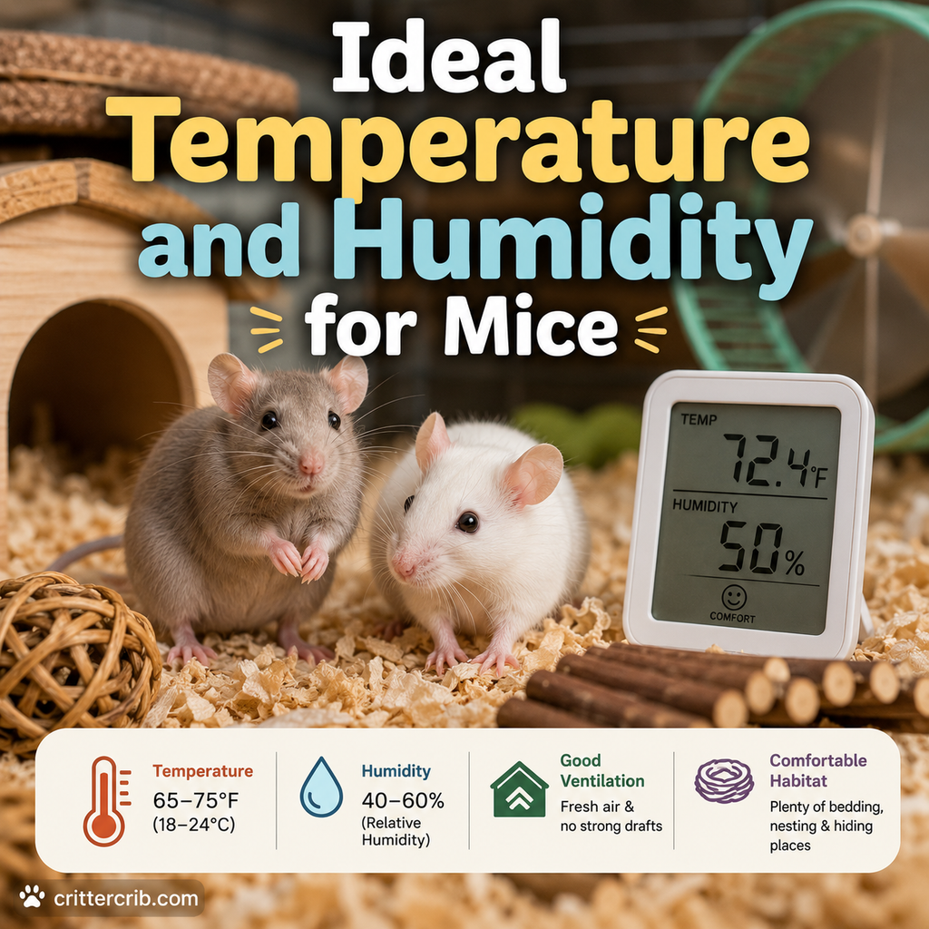 Two pet mice beside a thermometer and humidity monitor showing comfortable habitat conditions