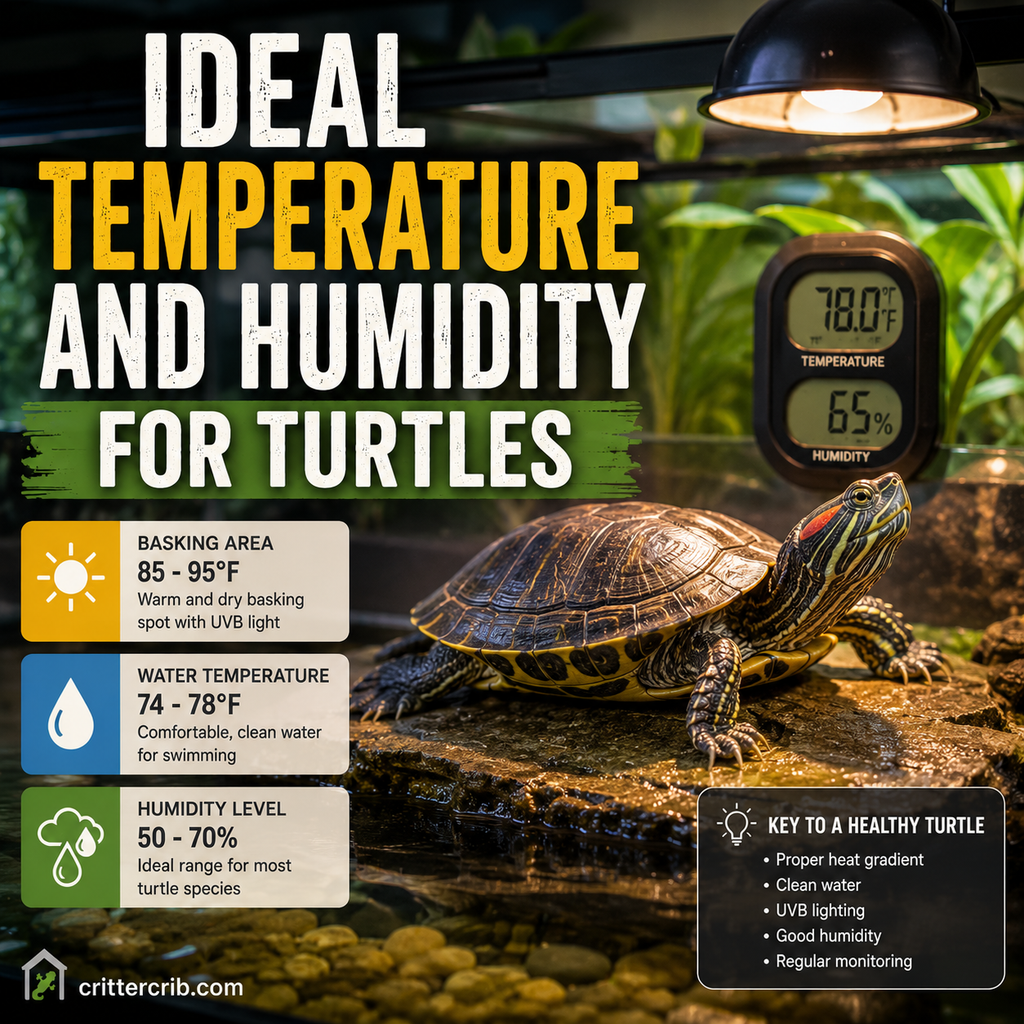 Turtle basking in a habitat with temperature and humidity monitoring
