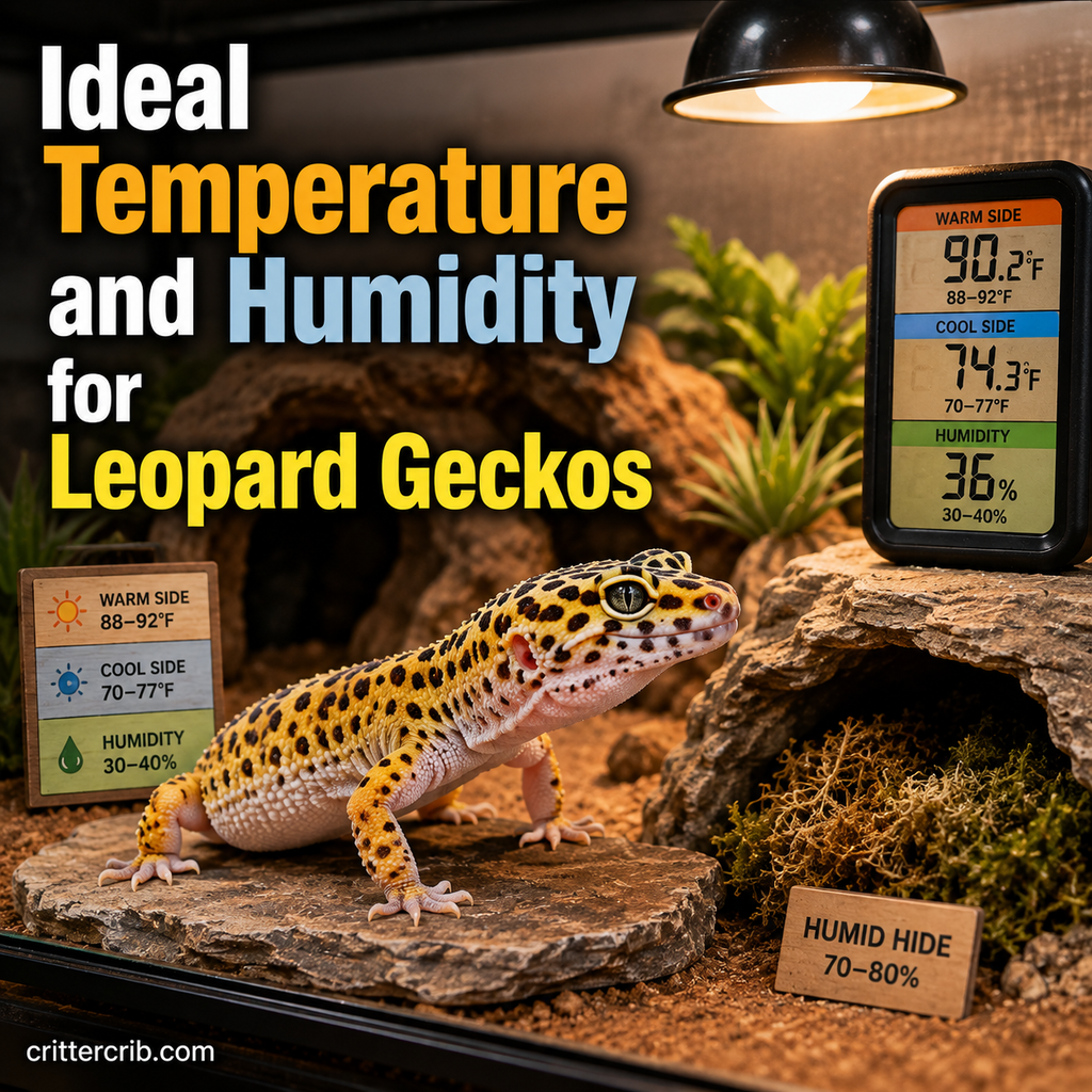 Leopard gecko in a naturalistic terrarium with warm and cool temperature zones, a humid hide, and digital temperature and humidity monitoring.