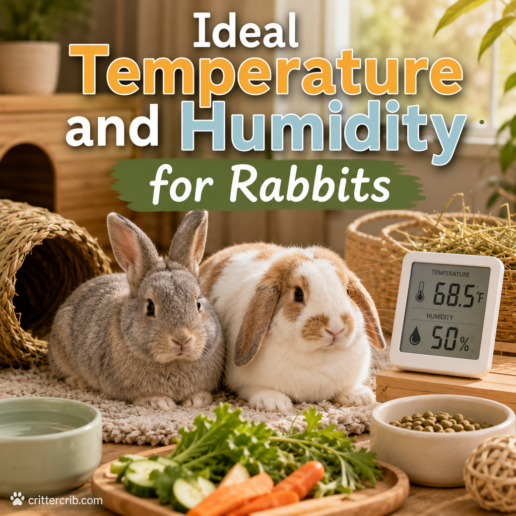 Two rabbits beside a thermometer and humidity monitor in a comfortable indoor habitat