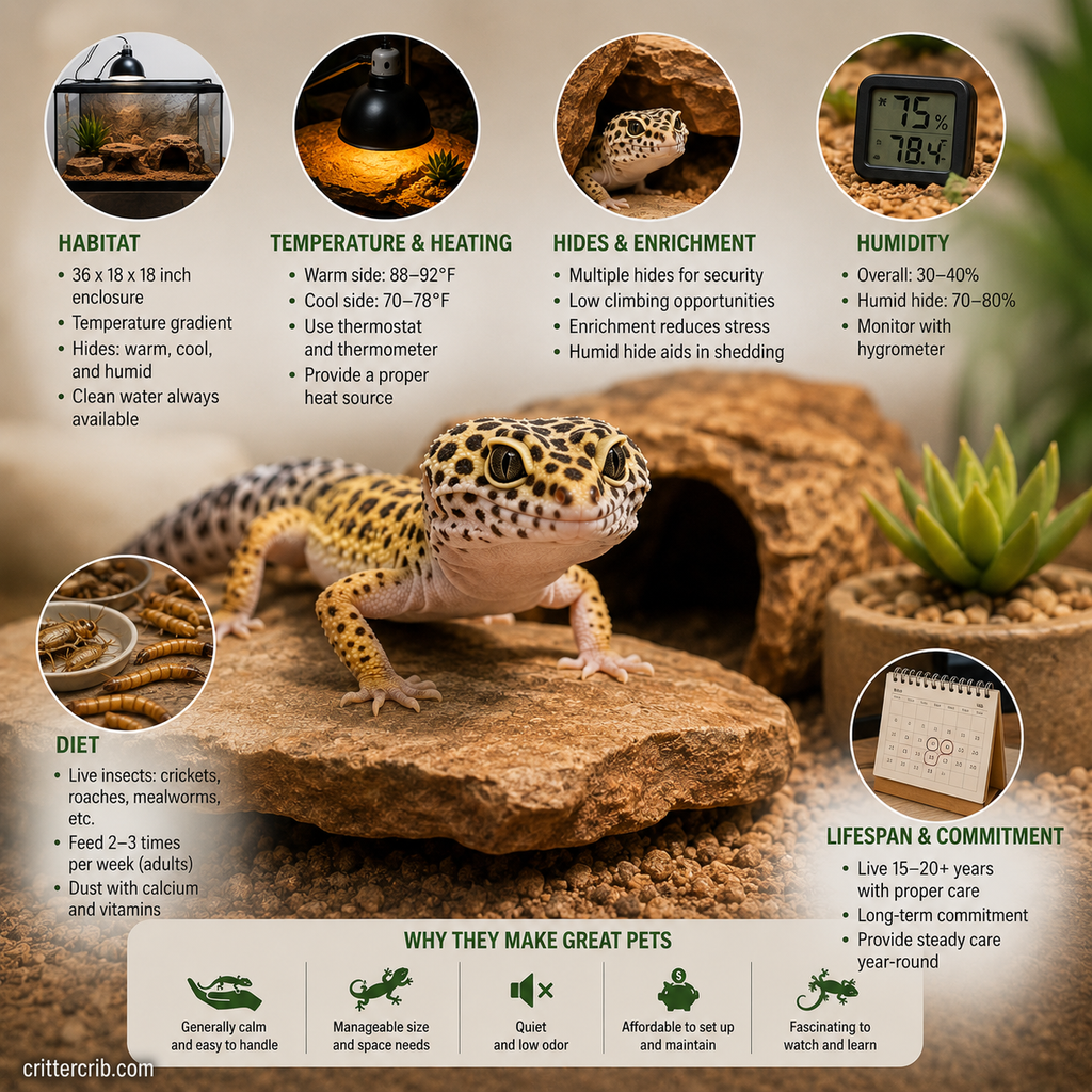 Leopard gecko care guide showing habitat, heating, hides, humidity, diet, and lifespan needs