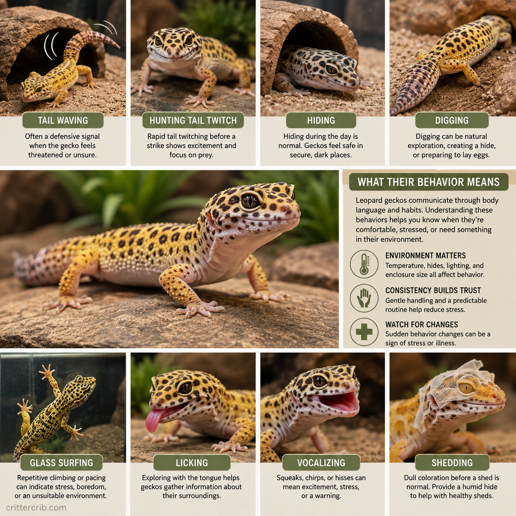 Common leopard gecko behaviors including tail waving, hiding, digging, glass surfing, licking, vocalizing, and shedding