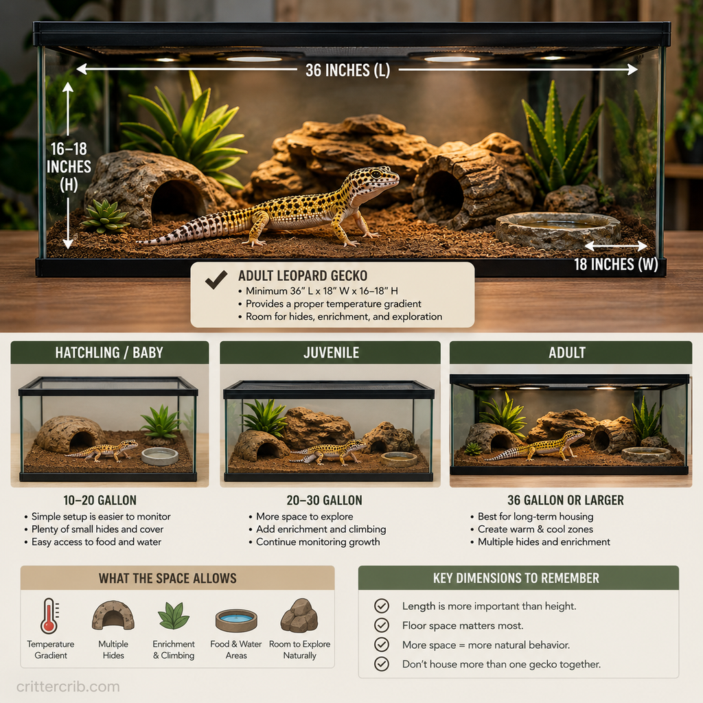Leopard gecko enclosure showing recommended 36 by 18 inch floor space with hides, enrichment, and temperature zones