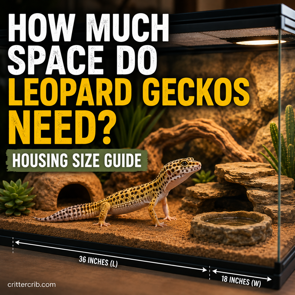Leopard gecko in a spacious terrarium showing recommended enclosure size and housing setup