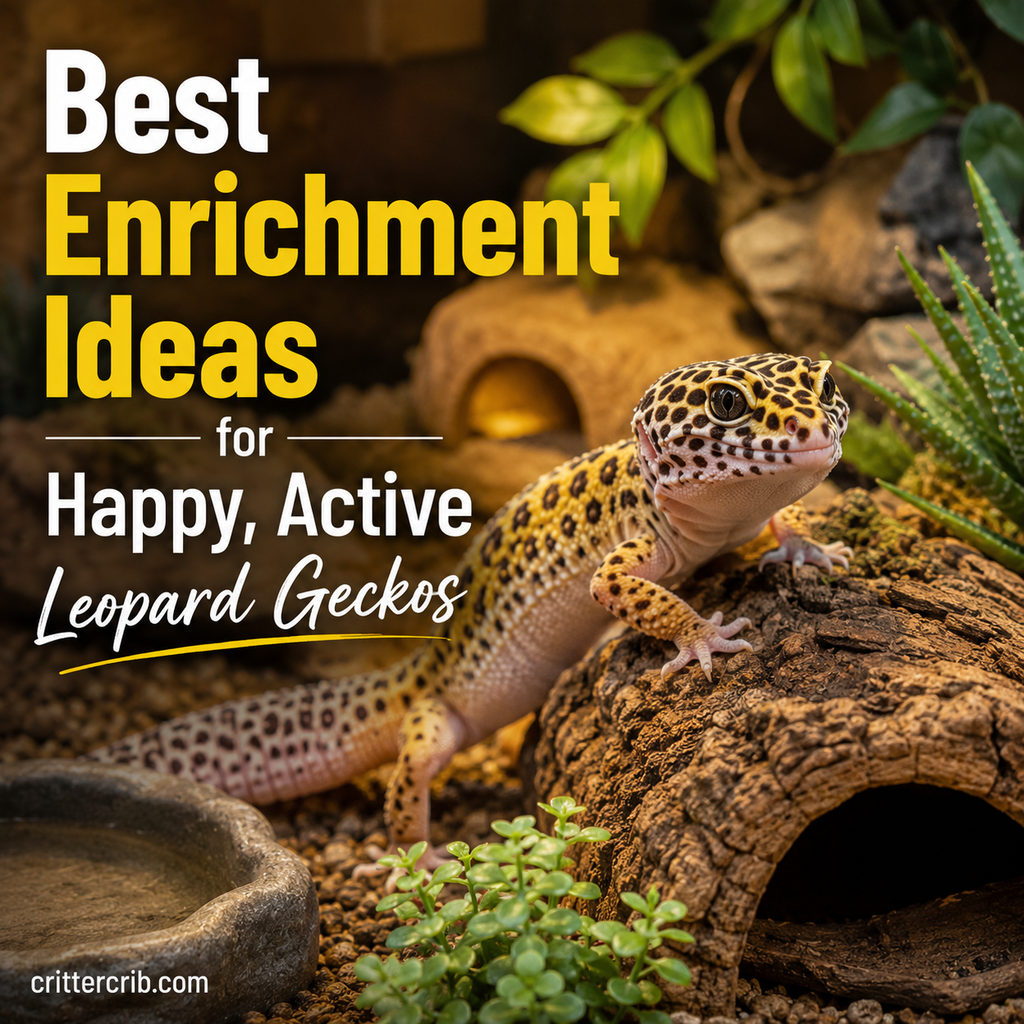 Leopard gecko exploring an enriched terrarium with hides, climbing areas, plants, and natural surfaces