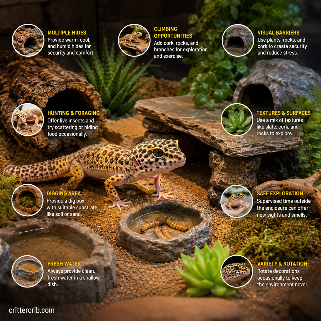 Leopard gecko enrichment ideas including hides, climbing, foraging, digging, varied textures, and safe exploration