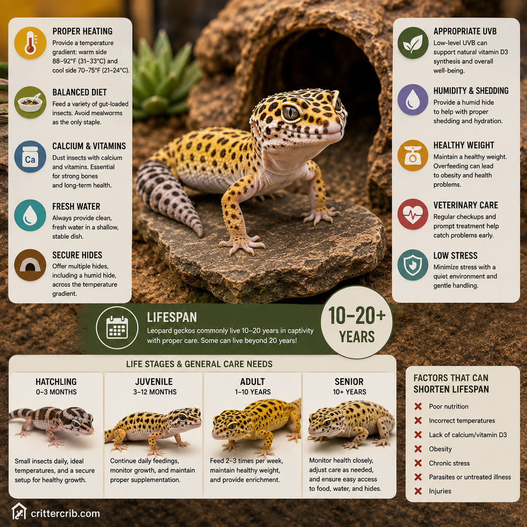 Leopard gecko care guide showing heating, diet, calcium, UVB, humidity, healthy weight, hides, and veterinary care