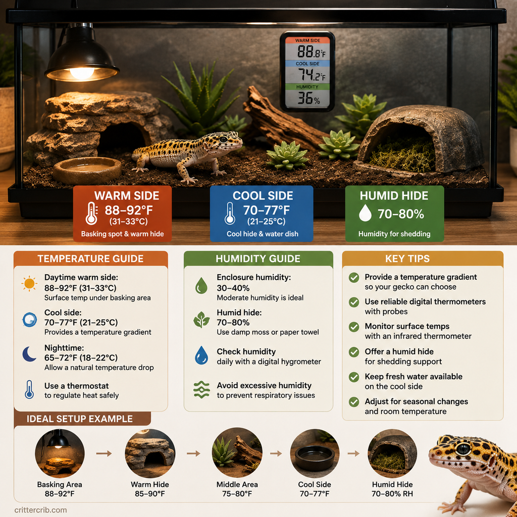 Leopard gecko enclosure showing warm and cool temperature zones, a humid hide, heating, and humidity monitoring.