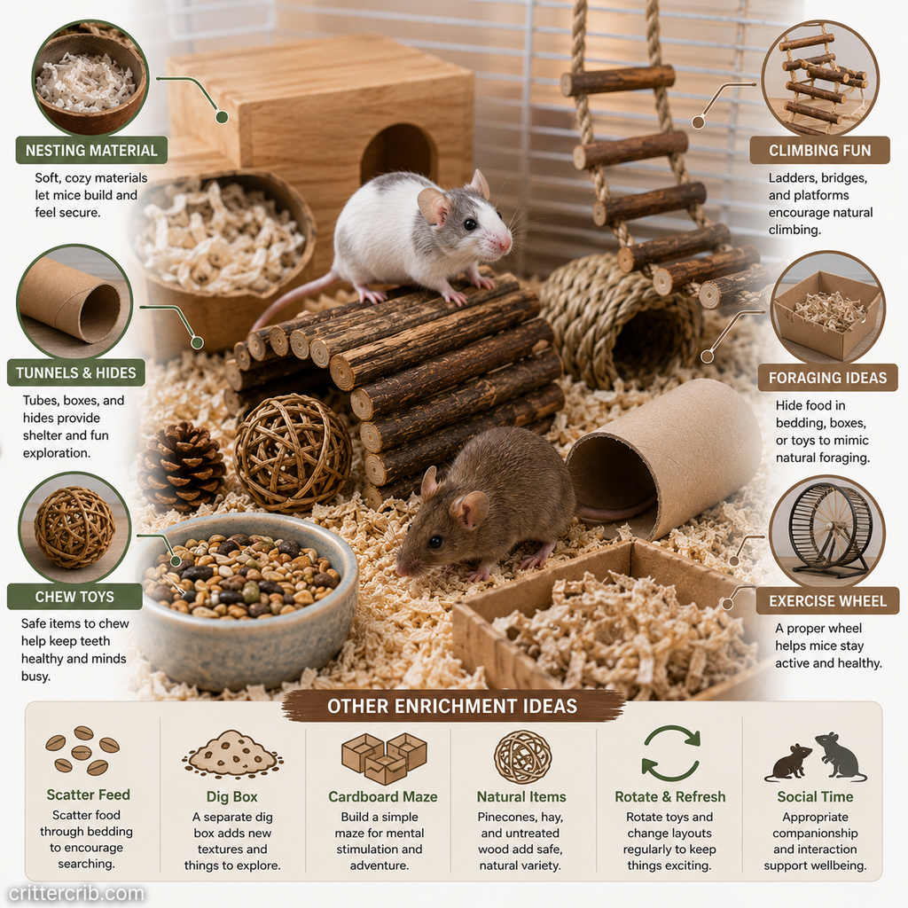 Mouse enrichment setup with tunnels, climbing toys, nesting material, foraging activities, and an exercise wheel