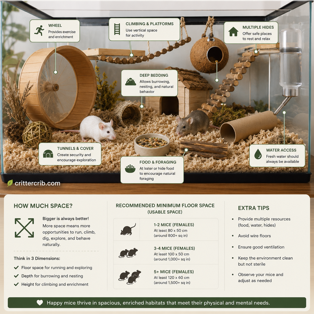 Spacious mouse habitat with deep bedding, wheel, climbing platforms, hides, tunnels, food, water, and enrichment.