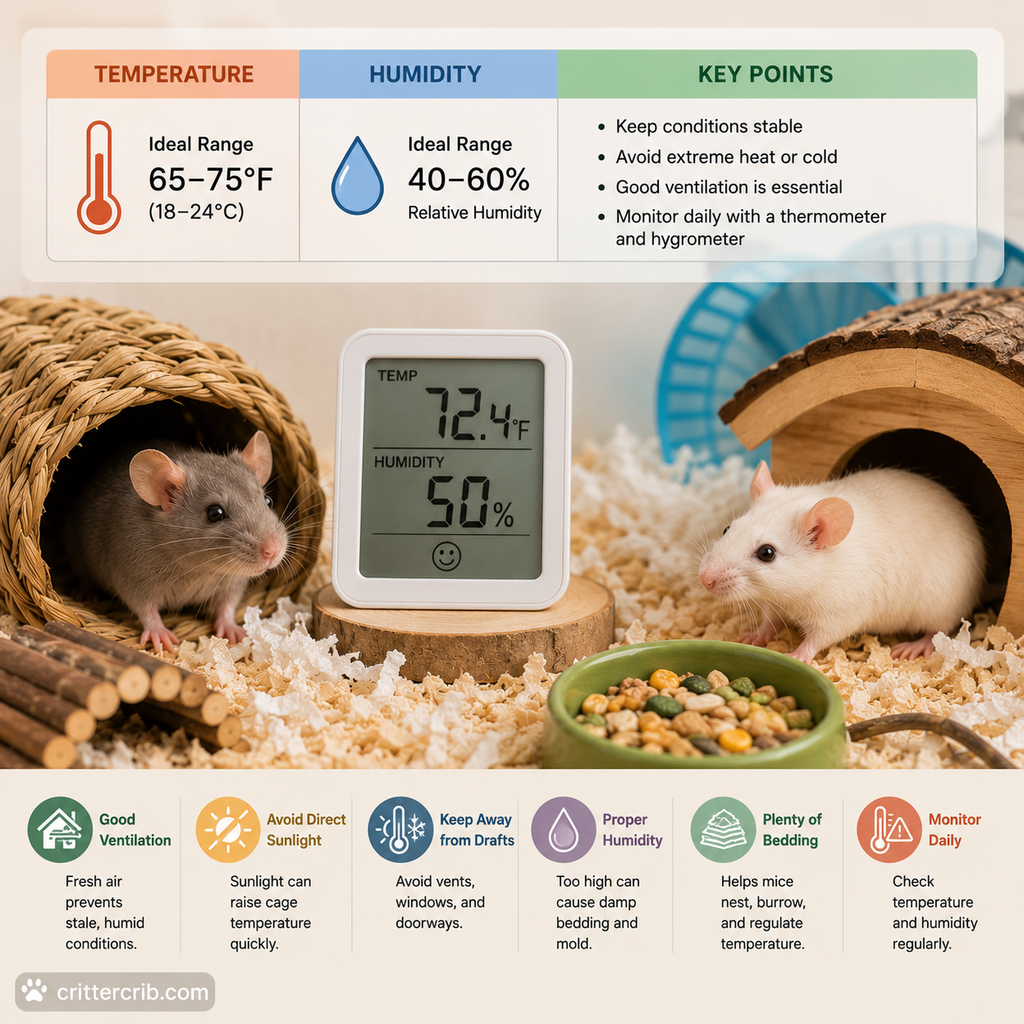 Pet mice in a comfortable habitat with a thermometer and hygrometer showing ideal temperature and humidity levels