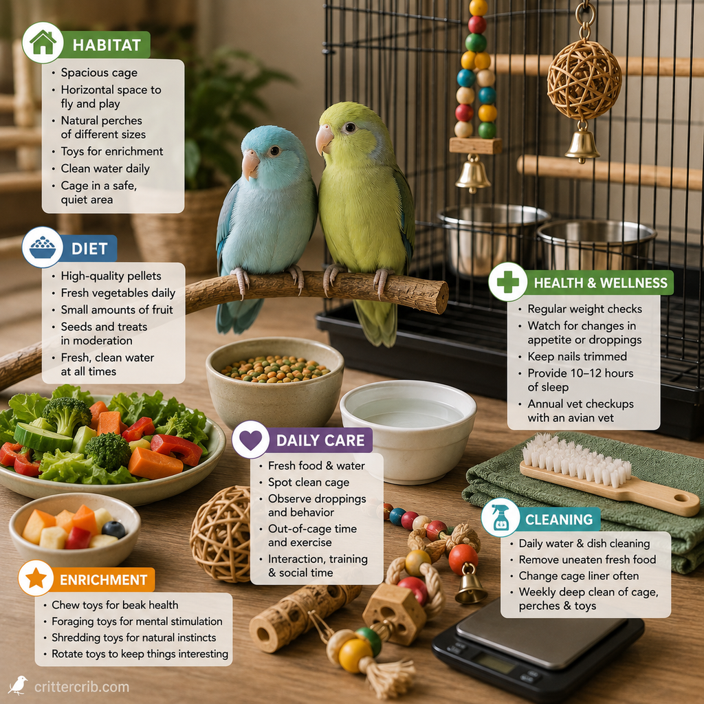Two parrotlets with a spacious cage, fresh vegetables, pellets, water, natural perches, and enrichment toys