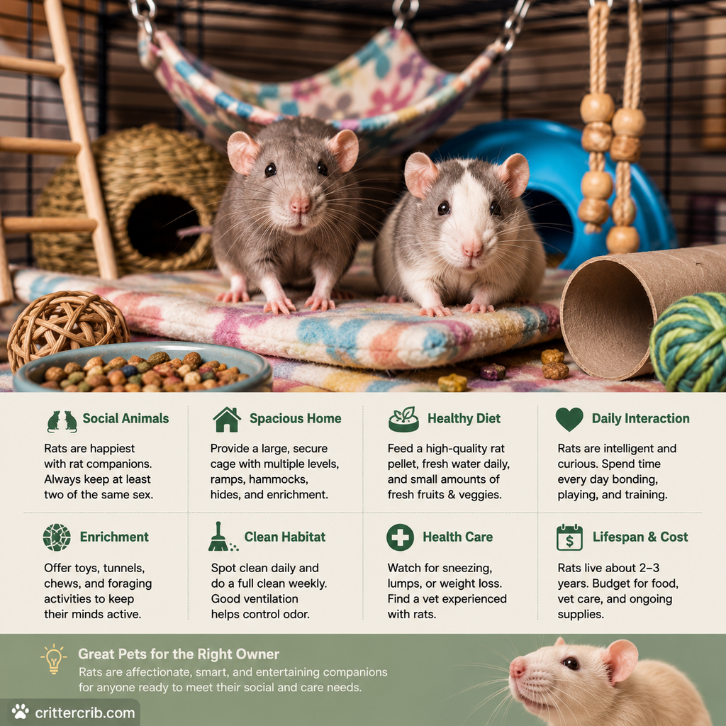 Two pet rats in an enriched habitat with a beginner care guide covering companionship, housing, diet, enrichment, and health